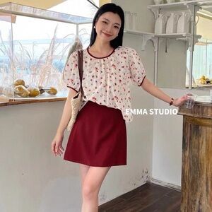 Floral Blouse puff short sleeve crew round neck blouse shirt top roses prints